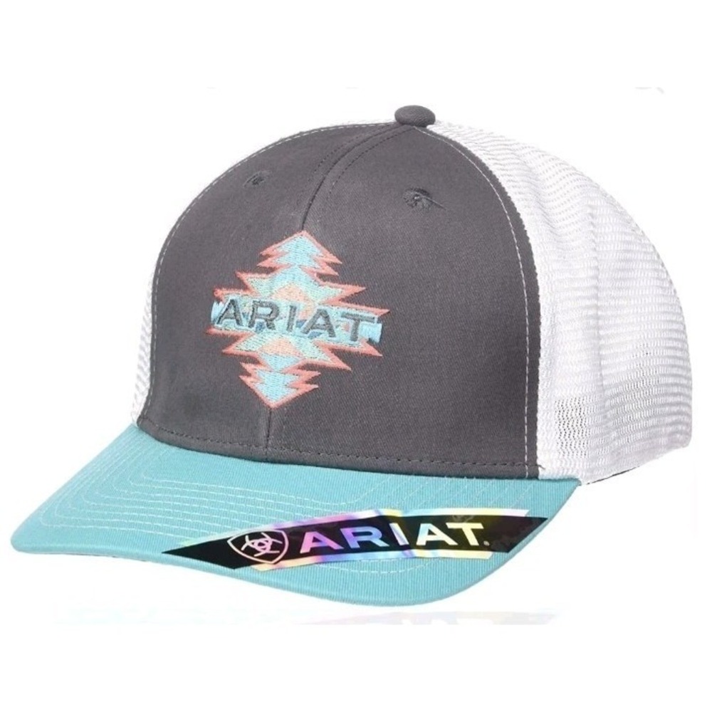 Ariat Women Aztec Logo Snapback Cap Hat Western Rodeo Teal Gray Trucker